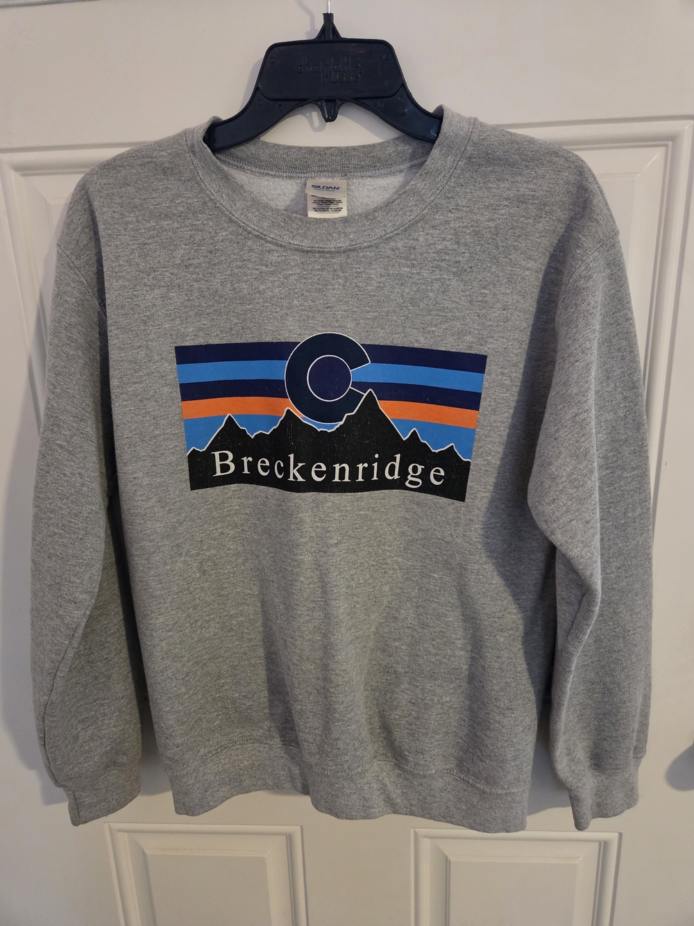Gildan Gray Breckenridge Mountain Graphic Crewneck with Blue & Orange Stripes